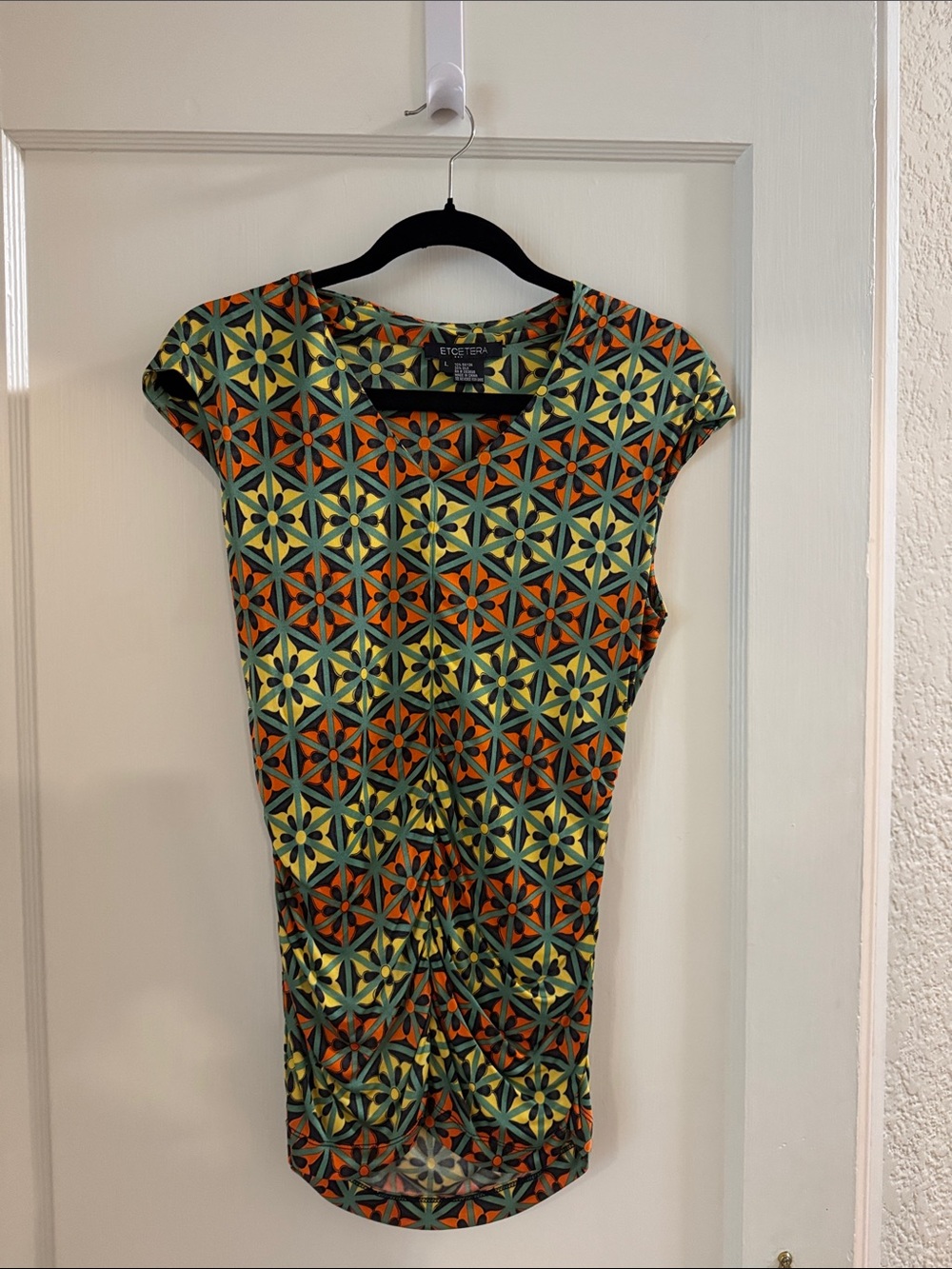 Etcetera Silk V-Neck Vibrant Geometric Floral Print Dress Top Cinched Front